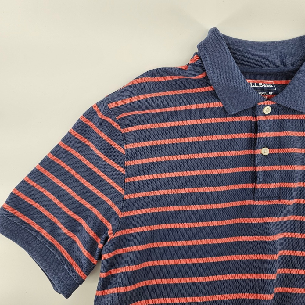 L.L. Bean Polo‎ Shirt Mens Large L Blue Orange Striped Traditional Fit Cotton